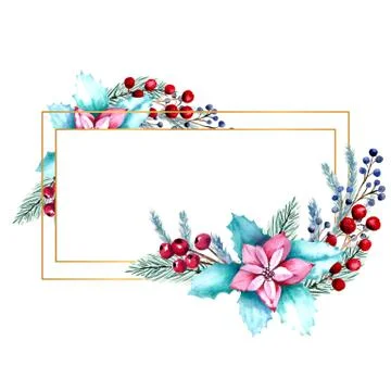 Winter watercolor rectangular frame with berries, Holly, fir branches. Hand-d Stock Illustration
