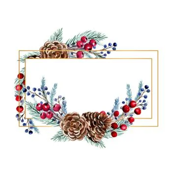 Winter watercolor rectangular frame with berries, fir cones, fir branches. Ha Stock Illustration