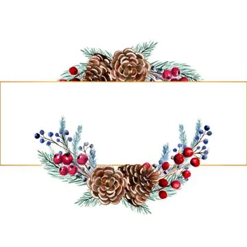 Winter watercolor rectangular frame with berries, fir cones, fir branches. Ha Illustrazione stock