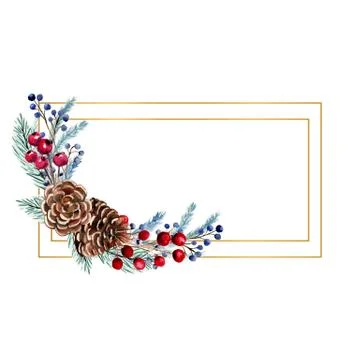 Winter watercolor rectangular frame with berries, fir cones, fir branches. Ha Stock Illustration
