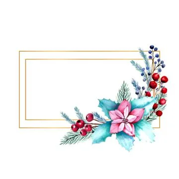 Winter watercolor rectangular frame with berries, poinsettia flowers, fir bra Stock Illustration