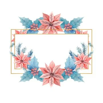 Winter watercolor in a rectangular horizontal frame with holly, berries and p Stock Illustration