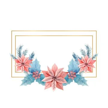 Winter watercolor in a rectangular horizontal frame with holly, berries and p イラスト素材