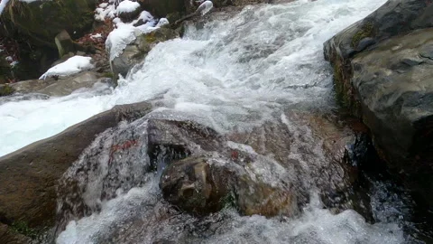 Winter waterfall in the Carpathians, static plan. Water beats against stones Stock Footage 178533627