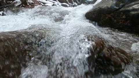 Winter waterfall in the Carpathians, static plan. Water beats against stones Stock Footage 181443838