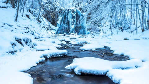 Winter waterfall ice snow time lapse 8k Stock Footage 147532831