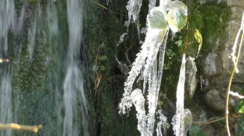 Winter waterfall with icicles Stock Footage 47054293