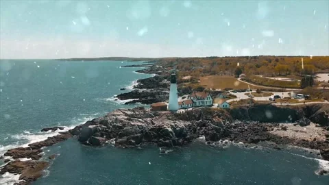 Winter Waves Crashing on Rocky Shore in Snowstorm Stock Footage 330281353