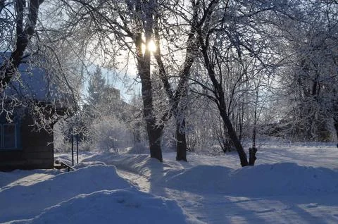 Winter. We observe paths covered with snow, trees in frost and a bright sky Stock Photos