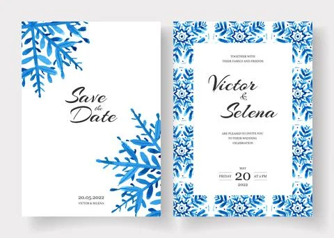 Winter wedding cards design set with watercolor snowflakes. Save the date Stock Illustration