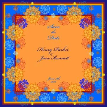 Winter wedding frame with orange and blue snowflakes. Stock Illustration