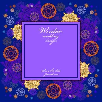 Winter wedding frame with red and blue snowflakes. Stock Illustration