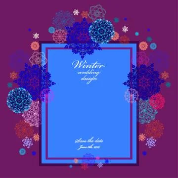 Winter wedding frame with red and blue snowflakes. Stock Illustration