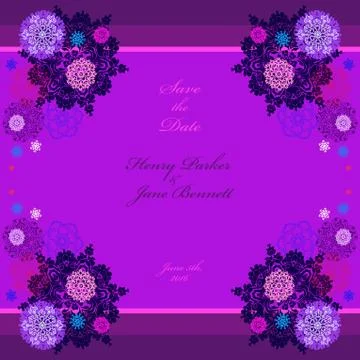 Winter wedding frame with violet and blue snowflakes. Stock Illustration