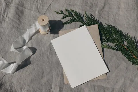 Winter wedding mockup. Empty greeting card, invitation mock up template with Photos