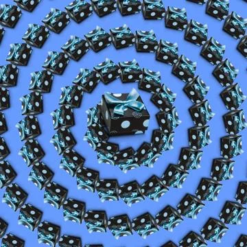 Winter whirlpool of wrapped black present boxes with bows on blue. Illustrazione stock