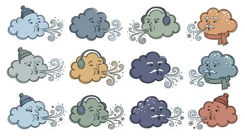 Winter wind cloud characters collection with colorful hats and earmuffs for.. Illustrazione stock
