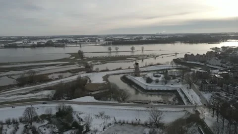 Winter windmill city dikes and historical feature Stock Footage 152036497