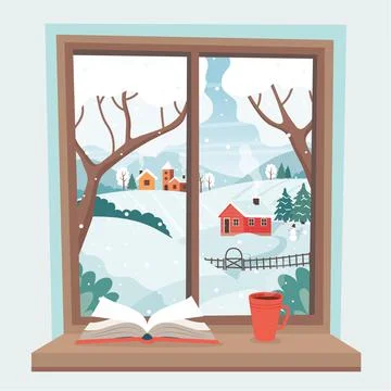 Winter window - book and cup on the sill with winter landscape. Cute cozy vector イラスト素材