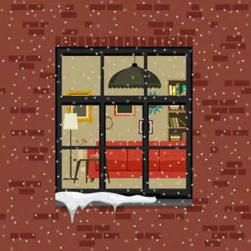 Winter window in brick wall. Illustrazione stock