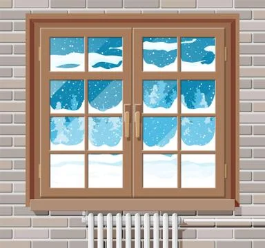 Winter window with brick wall, view from the room. Stock Illustration