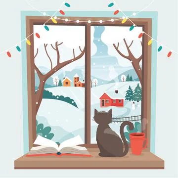 Winter window - a cat sitting on the sill with winter landscape. Cute cozy 库存插图