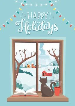 Winter window - a cat sitting on the sill with winter landscape and lettering Stock Illustration
