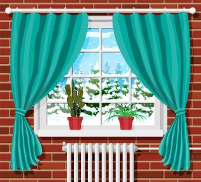 Winter window with curtains, view from room Stock Illustration