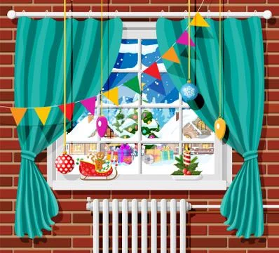 Winter window with curtains, view from room Stock Illustration