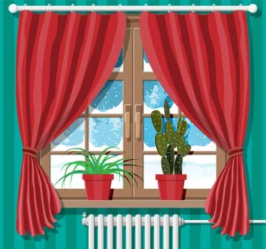 Winter window with red curtains, view from room Stock Illustration