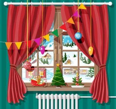 Winter window with red curtains, view from room Stock Illustration