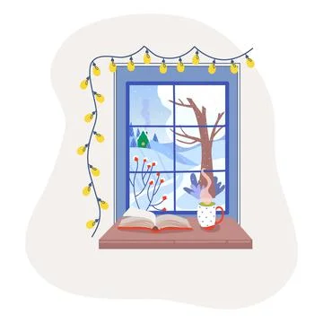 Winter window with rural view Stock Illustration