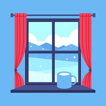 Winter Window Scene Flat Icon with Curtains and Mug 库存插图