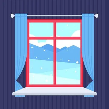 Winter Window Scene Flat Icon with Blue Curtains Stock Illustration
