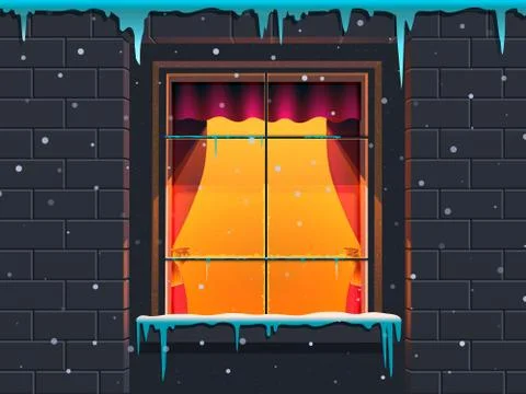 Winter window in a stone house. Vector illustration Stock Illustration