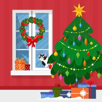 Winter window with view, a present and a cat on the sill. Christmas tree and Stock Illustration