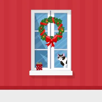 Winter window with view, a present and a cat on the sill. Christmas wreath. Cozy Stock Illustration