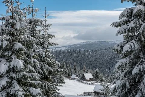 Winter woderland with chalet Stock Photos
