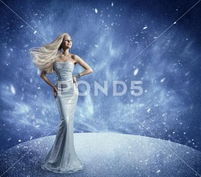 Winter Woman Fashion Dress Hairstyle, Model Beauty Portrait in Snow, Long Hair Stock Photos
