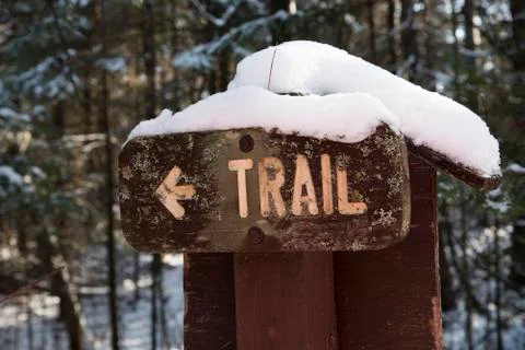 Winter Wooden Hiking Trail Sign Stock Photos