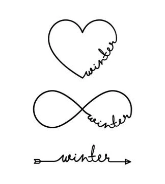 Winter - word with infinity symbol, hand drawn heart, one black arrow line Stock Illustration