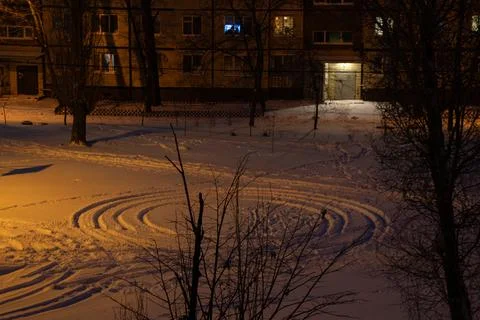 The winter yard of a multi-storey building in the city of Dnipro, Ukraine, ni Stock Photos