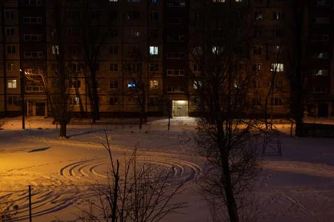 The winter yard of a multi storey building in the city of Dnipro, Ukraine, .. Stock Photos