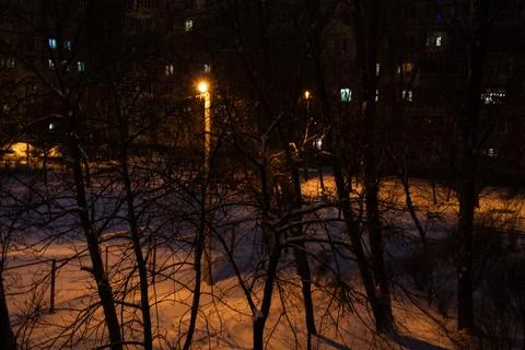 The winter yard of a multi storey building in the city of Dnipro, Ukraine, .. Stock Photos