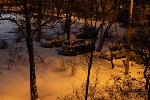 The winter yard of a multi storey building in the city of Dnipro, Ukraine, .. Stock Photos
