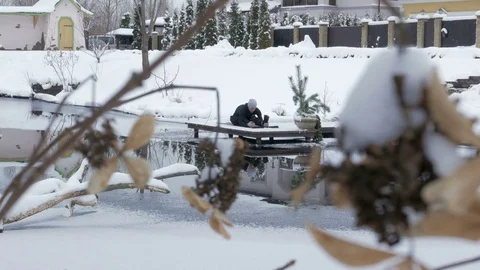Winter yoga session. Man in black Video stock 83915877