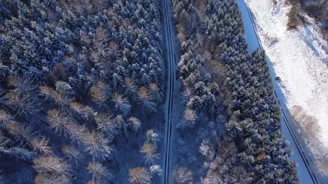 Winterland  Forest Road from Above Stock Footage 147612866