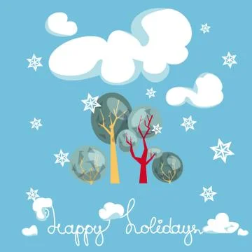 Winterly Trees under Snow Cloud on Blue Background Stock Illustration