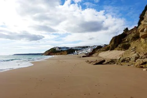 Winters day with an empty beach at Salema on the Algarve, Portugal Stock Photos
