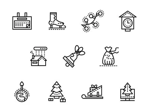 Wintertime black line vector icons set Stock Illustration
